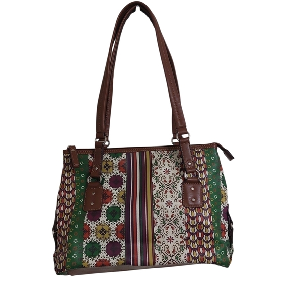 Relic Handbags - Relic Colorful Patterned Shoulder Bag with Brown Straps
